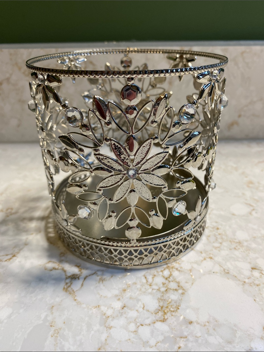 Bath & Body Works Silver Floral Tealight Holder with Faceted Accents